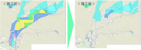 河川が氾濫した際のハザードマップ、堰堤を作る前と作った後の比較