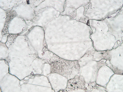 Microphoto of fine-grained Prokonnesos dolomite. Idiomorphic, very clear and slightly rounded dolomite blasts occur in a calcitic matrix. Fluid inclusions in the calcite groundmass are obvious (lenght of image is 0,7 mm).