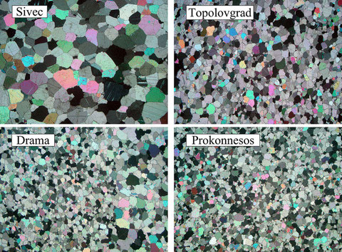 Microphotos of different fine-grained dolomites. Image length in all cases is 7 mm (polarized light).