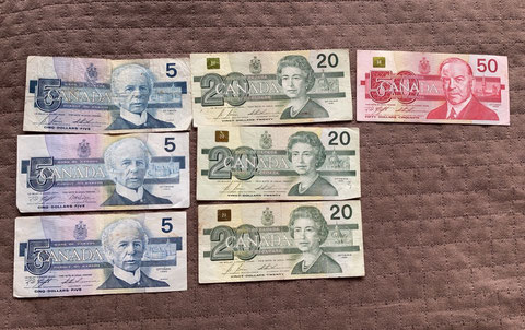 50カナダドル旧紙幣、20カナダドル旧紙幣、5カナダドル旧紙幣