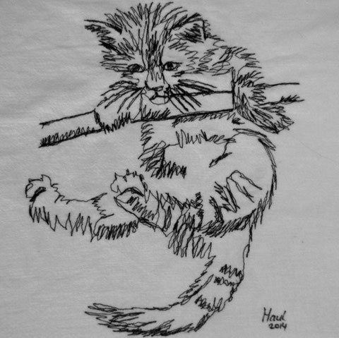 Mit der Nähmaschine genähmalte Katze