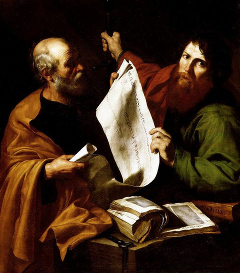 San Pedro y San Pablo, dos santos que aparecen con mayor frecuencia.Firmó la obra en latín declarando que era español,y miembro de la academia, abajo en el cajón"Joseph Ribera hispanus,valentinus civitas Setabis,academicus romanus"1616,óleo sobre lienzo.