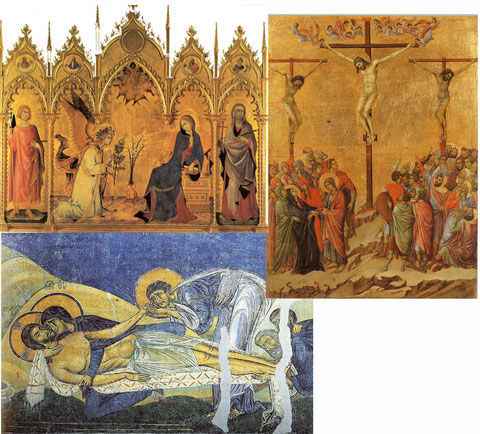 Simone Martini: Annonciation,14e s.  Duccio: La Maesta, Crucifixion, 14e s.  Neresi (Macédoine ): Déposition de Croix, 13e s.