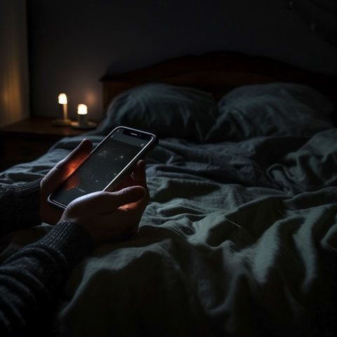 寝室、ベッド、布団、夜、寝る前、睡眠不足、眠れない、スマートフォン、携帯電話、手、最新、デジタル、家電、機械、フリー素材、Bedroom, bed, futon, night, before going to bed, lack of sleep, unable to sleep, smartphone, mobile phone, hand, latest, digital, home appliance, machine, free material,
