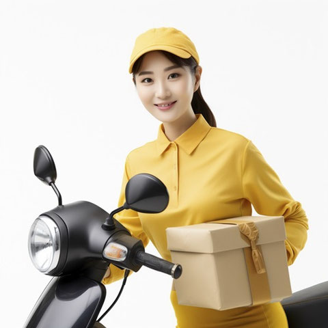 女性、バイク、配達員、制服、配送業、段ボール、荷物、運送、就職、転職、会社、フリー素材、woman, motorcycle, delivery person, uniform, delivery industry, cardboard, luggage, transportation, employment, job change, company, free material,