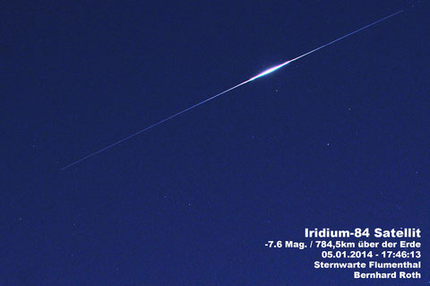 Der Satellit Iridium-84 am 05.01.2015 - aufgenommen mit 10 Fotos à 3 Sekunden und danach überlagert