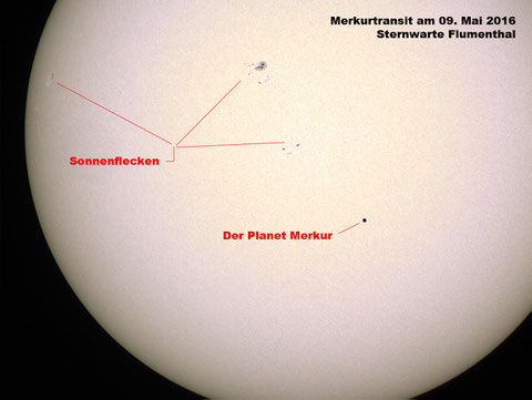 Der Merkurtransit vom 09. Mai 2016 fotografiert von der Sternwarte Flumenthal aus - Pentax 75 SDHF mit ASI-120 (ca. 8ms, 100-150 Frames)