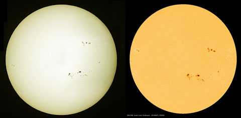 Die Sonne am 27. September 2014 - links: Sternwarte Flumenthal - rechts: Soho Satellit (NASA/ESA)