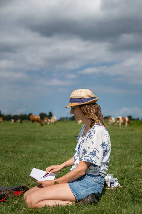 Vrouw met hoedje, zit in weiland, tekent in schetsboek met op de achtergrond koeien.