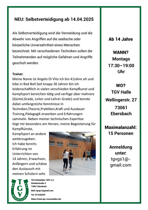 neue Abteilung, regelmäßiges Angebot; für Mitglieder; maximal 15 Personen ab 14 Jahren, Trainer heißt Angelo de Vito aus Bad Boll