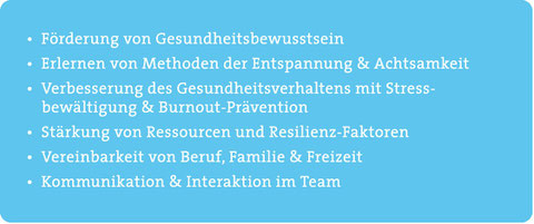 Gesundheitsbewusstsein, Methoden der Entspannung, Achtsamkeit, Verbesserung des Gesundheitsverhaltens mit Stressbewältigung/Burnout-Prävention, Ressourcen, Resilienz-Faktoren, Vereinbarkeit von Beruf, Familie, Freizeit, Kommunikation/Interaktion im Team