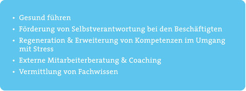 Gesund führen, Förderung von Selbstverantwortung bei den Beschäftigten, Regeneration, Erweiterung von Kompetenzen im Umgang mit Stress, Externe Mitarbeiterberatung und Coaching, Vermittlung von Fachwissen