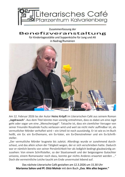 Nachbericht Literarisches Café Pfarrzentrum Kalvarienberg Lesung "Jagdrausch" 12.02.2026