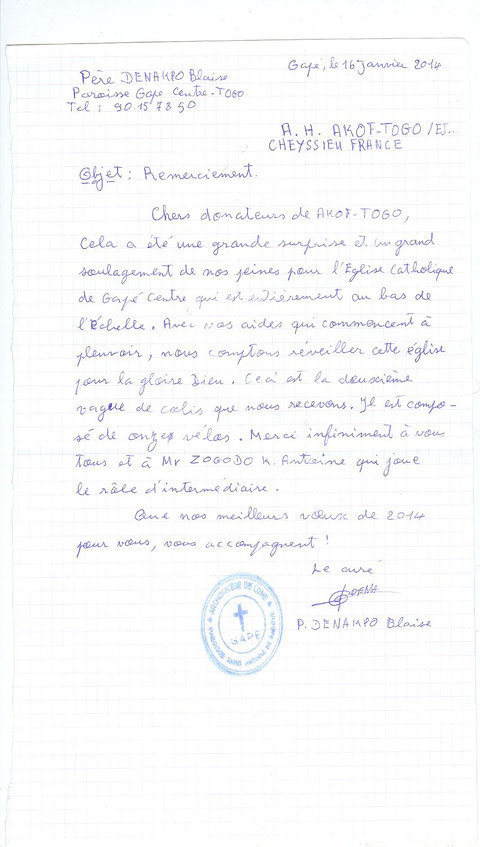 LETTRE DE REMERCIEMENT VENANT DU TOGO