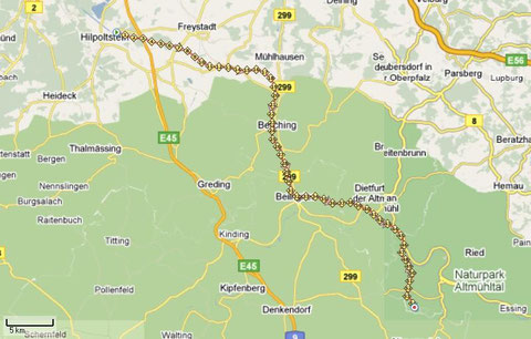 Gesamtstrecke Schleuse Hilpoltstein - Hattenhausen (54 km)