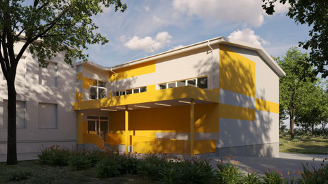 Eingang Mehrzweckhalle (links bestehendes Schulgebäude)