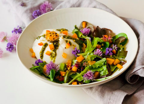 Burrata, Gartensalat, Basilikumöl, Marille