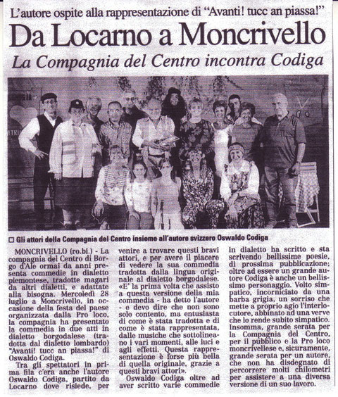 Agosto 2004 - Moncrivello (Vercelli) - L'articolo uscito sul Giornale "La Sesia" del 3.8.2004