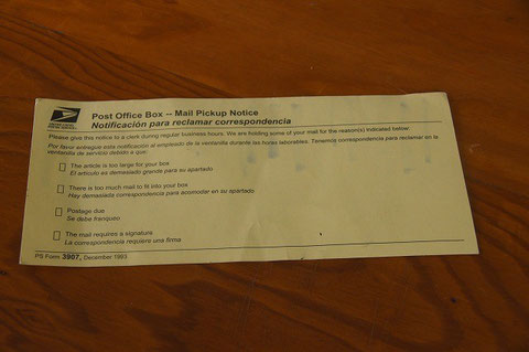 Mail Pickup Notice from USPS Koloa Post Office