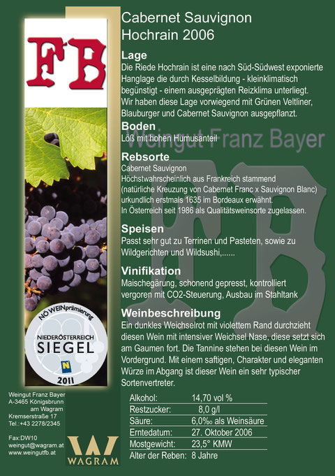 Cabernet Sauvignon Weingut Franz Bayer Königsbrunn am Wagram