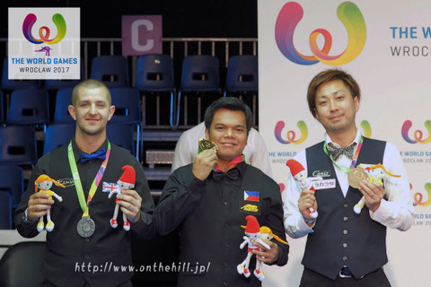 2017ワールドゲームズ in ポーランド表彰式。左から銀メダル：ショウ、金メダル：ビアド、銅メダル：大井　Photo :  On the hill !　