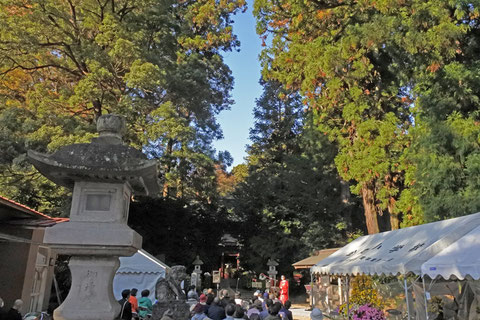 快晴の秋空の下、神社の杜に歌の奉納