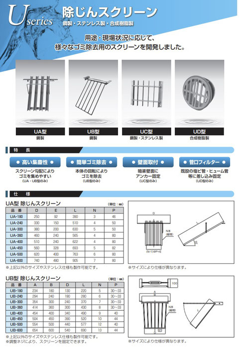 用水路などが、枝や木の葉および色々なゴミで塞がれた時に手やスコップなどの道具で除去するために、一箇所にまとめてためておくための除塵スクリーンをご紹介するページです。