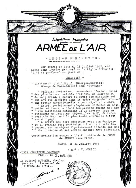 citation du Lieutenant Joumas pour Légion d'Honneur