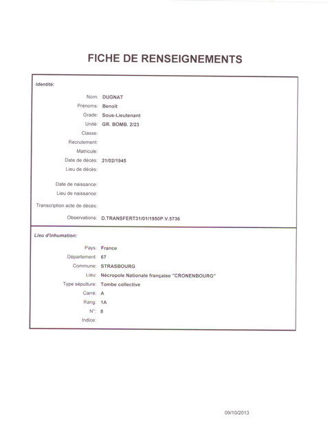 Fiche Dugnat transfert corps verc Cronenbourg la date est du 31/01/1950...