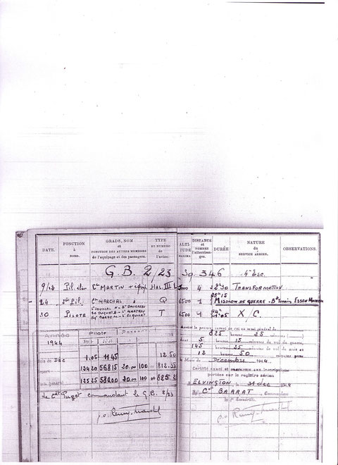 Première page du carnet de vol de Pierre Bayle au squadron 346 Guyenne