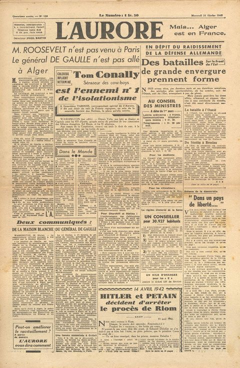 Première page d'un journal français du 21/02/1945