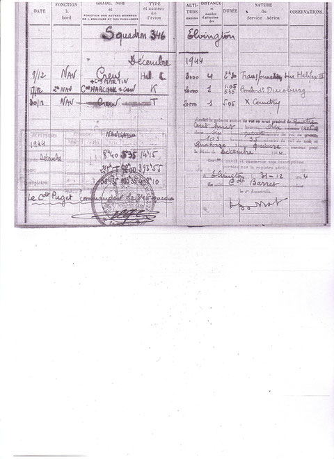 Première page du carnet de vol du Lt Joumas à Elvington