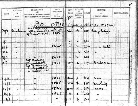 Page du carnet de vol de Dugnat permettant de voir les dates où les membres de l'éuipage commencent à voler ensemble