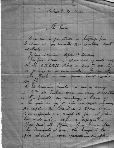 Lettre de Barde à son parrain du 25 mai 1940 alors qu'il travaille aux usines Dewoitine ( SNCAM) 1/2