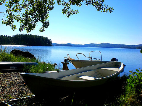 Nichts wie raus auf den weiten See mit einem unserer 3 Boote! Am Päijänne wird das bewaldete Ufer finnlanduntypisch auch mal "bergiger".