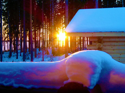 Sonnenuntergang Winter Blockhaus Sauna