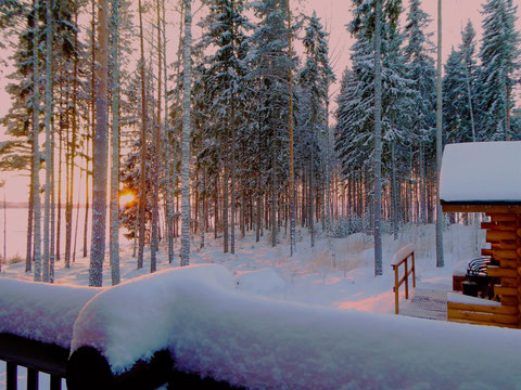 Sonnenuntergang Winter Sauna See Finnland