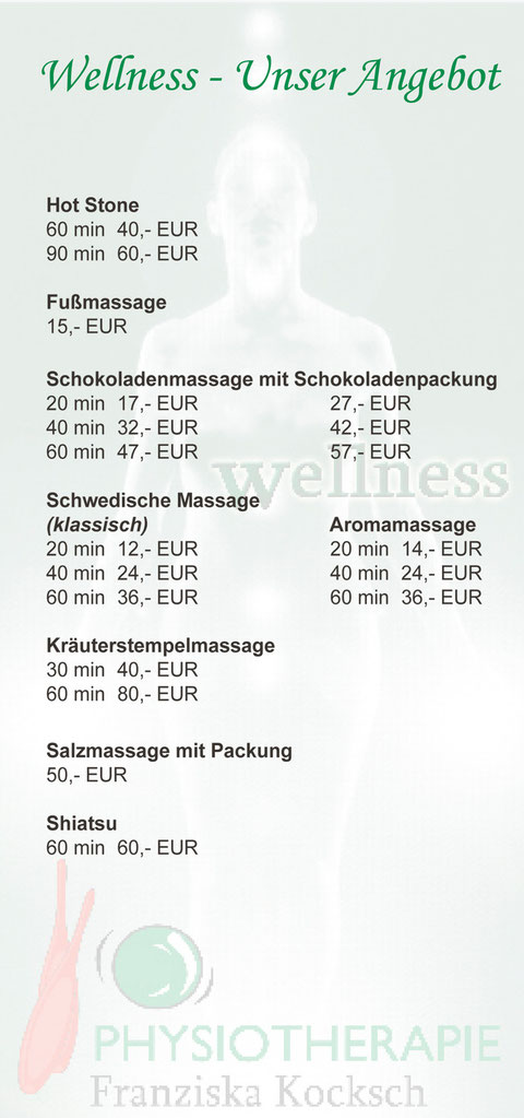 Preisübersicht Wellness - Stand Januar 2012