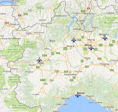 Carte des aéroports dans le nord de l'Italie
