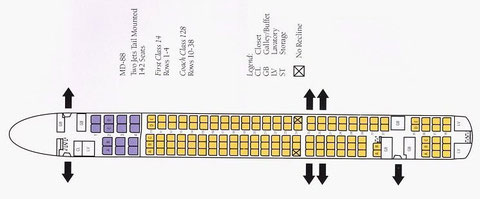 Die MD-88 mit 142 Sitzplätzen (F14Y128)/Courtesy: Delta Air Lines