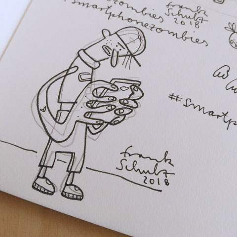 Blick in mein Skizzenbuch – Illustration Zombie und Handysucht, Zeichnung mit Tusche und digitaler Farbe von Frank Schulz Art, zeigt einen Jungen mit Mütze als Digitalzombie der sein Smartphone checkt