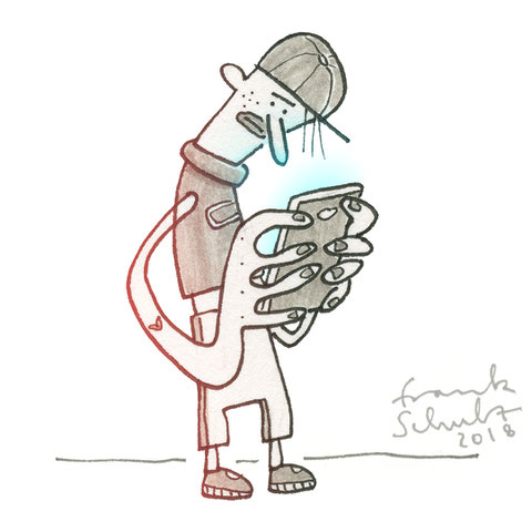 Illustration Zombie und Handysucht, Zeichnung mit Tusche und digitaler Farbe von Frank Schulz Art, zeigt einen Jungen mit Mütze als Digitalzombie der sein Smartphone checkt