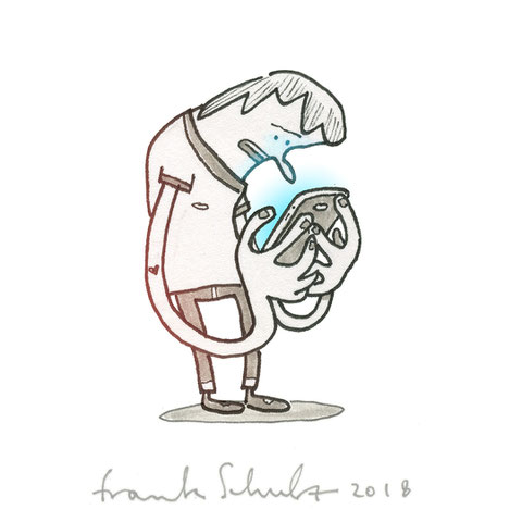 Illustration Zombie und Handysucht, Zeichnung mit Tusche und digitaler Farbe von Frank Schulz Art, zeigt einen Jungen als Digitalzombie der sein Smartphone checkt