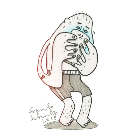 Illustration Stress und Handysucht, Zeichnung mit Tusche und digitaler Farbe von Frank Schulz Art, zeigt einen Jungen der schwitzt als Digitalzombie der sein Smartphone checkt