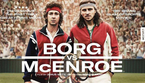 Shia LaBeouf als John McEnroe (links) und Sverrir Guðnason als sein Rivale Björn Borg auf dem Rasen von Wimbledon.