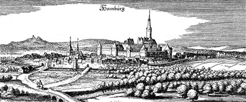 Hornburg zur Zeit des 30-jährigen Krieges (1641) - Stich von Matthäus Merian. In der Mitte die große damalige Burganlage vor ihrer Schleifung