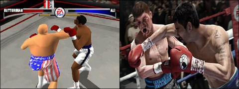 Les simulations sportives apparaissent, créant un nouveau genre en parallèle au VS Fighting. Ci-dessus, Ko Kings (1998) et Fight Night Champion (2011)...