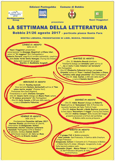 SETTIMANA DELLA LETTERATURA di Bobbio. Dal 21 al 26 agosto