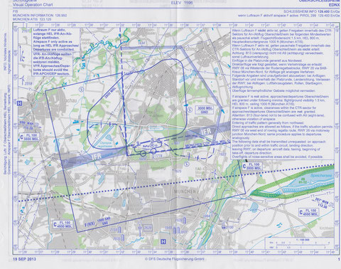 Die neue Sichtanflugkarte Oberschleißheim EDNX, gültig ab 19.09.2013, zu beziehen im DFS Aviation Shop oder Luftfahrtbedarf. Abbildung hier nur zur Information, nicht zur Navigation verwenden. Copyright DFS