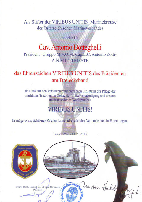 Attestato al Pres. ANMI TRIESTE Cav. A. Botteghelli 
